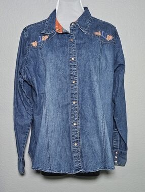 Woman's Wrangler Blues Western Denim Shirt XXL – Horseshoe & Floral Design
